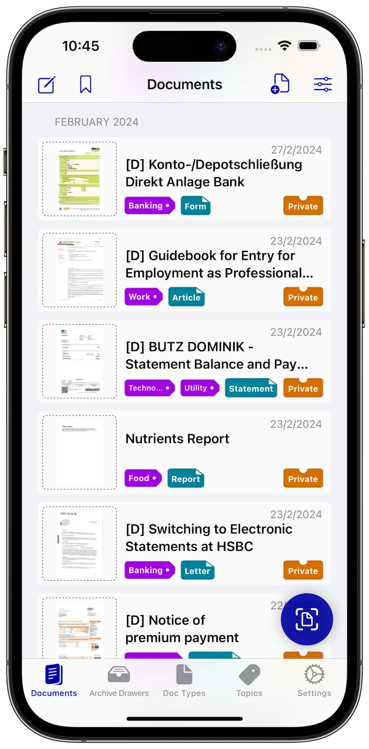 Archivist document list on iPhone