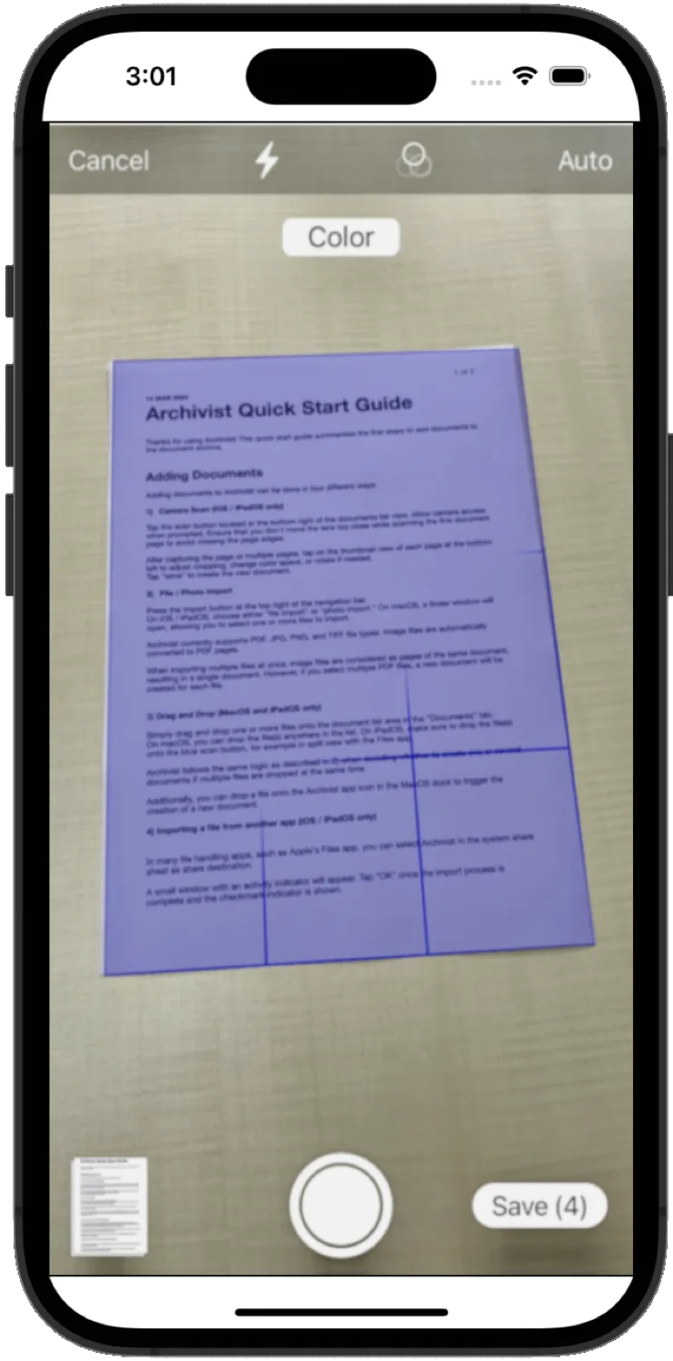 Archivist document scanner on iPhone